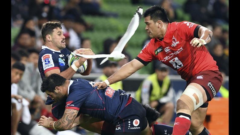 Melbourne Rebels player Tommy English, left, is tackled by Japan Sunwolves player Jiwon Koo as a seagull flies between them during a Super Rugby match in Melbourne on April 6.