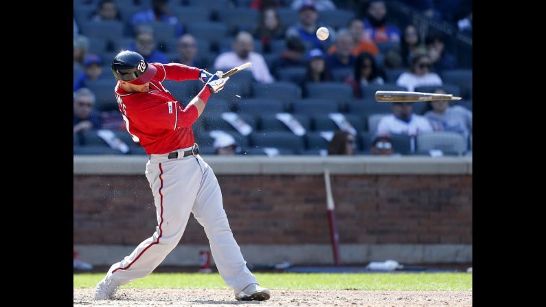 Yan Gomes of the Washington Nationals breaks his bat during the eighth inning against the New York Mets at Citi Field on April 6.