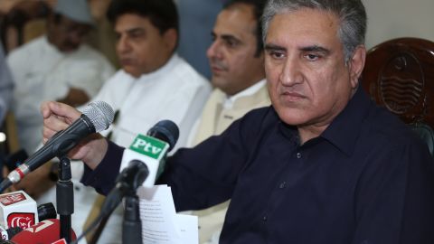 Pakistan's Foreign Minister Shah Mehmood Qureshi addresses a press conference in Multan on Sunday.