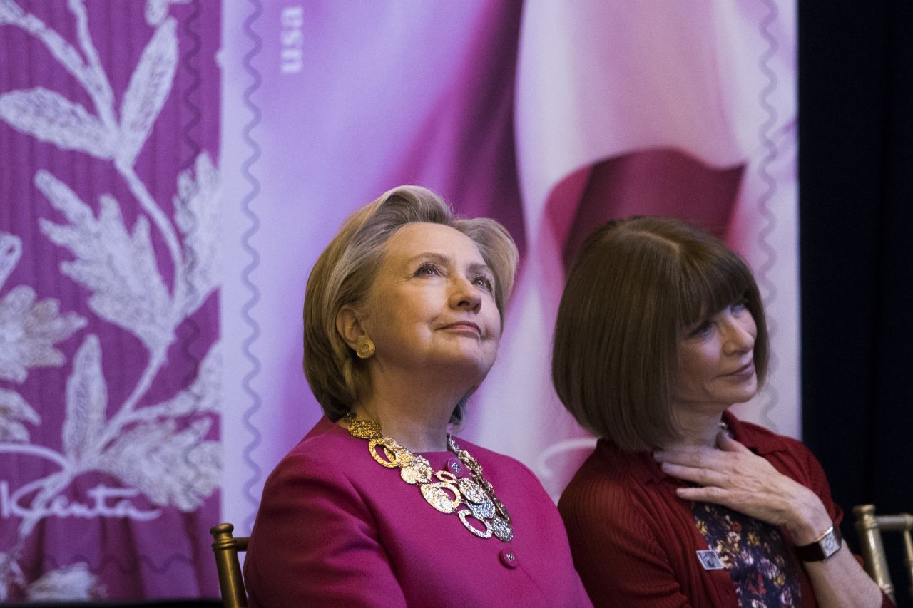 Former Secretary of State Hillary Clinton and Anna Wintour attend an unveiling ceremony for the US Postal Service Oscar de la Renta Forever stamp, at Grand Central Terminal, February 16, 2017 in New York City.