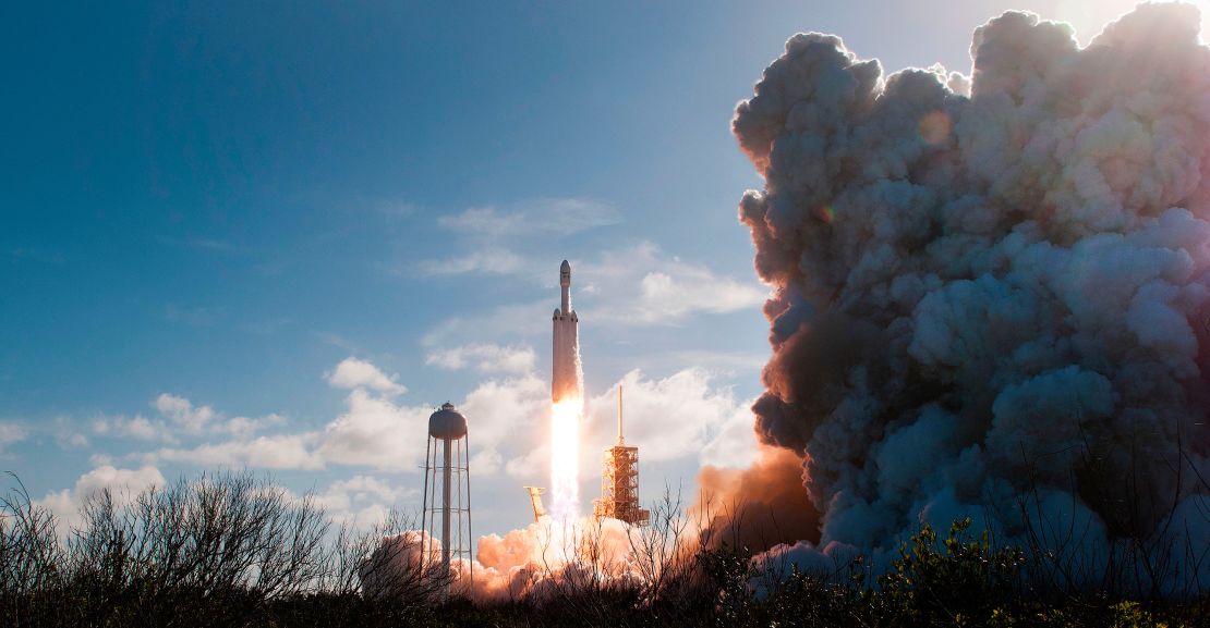 The SpaceX Falcon Heavy launches from Pad 39A at the Kennedy Space Center in Florida, on February 6, 2018.