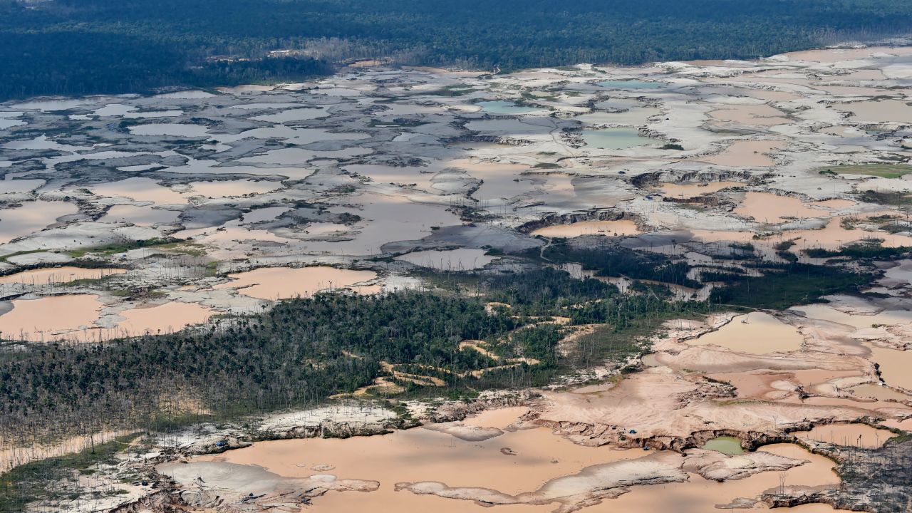 A chemically deforested area of the Amazon caused by illegal mining in southeast Peru,  February 2019. 