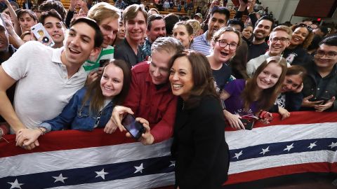 Sen. Kamala Harris pauses for a selfie with supporters in Atlanta last month, one of many campaign stops.