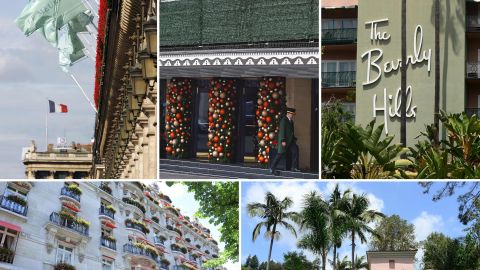 A combination of pictures created in London on March 31, 2019, shows the facades of five of the nine Dorchester Collection hotels owned by Brunei: (top left to right) Hotel Meurice in Paris, The Dorchester in London, The Beverly Hills Hotel in Los Angeles, (bottom left to right) The Hotel Plaza Athenee in Paris and The Hotel Bel-Air in Los Angeles. 