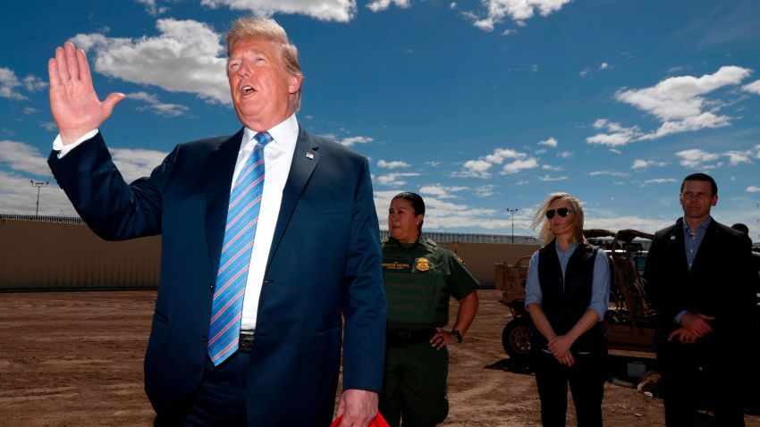 President Donald Trump visits a new section of the border wall with Mexico in Calexico, Calif., Friday April 5, 2019. (AP Photo/Jacquelyn Martin)