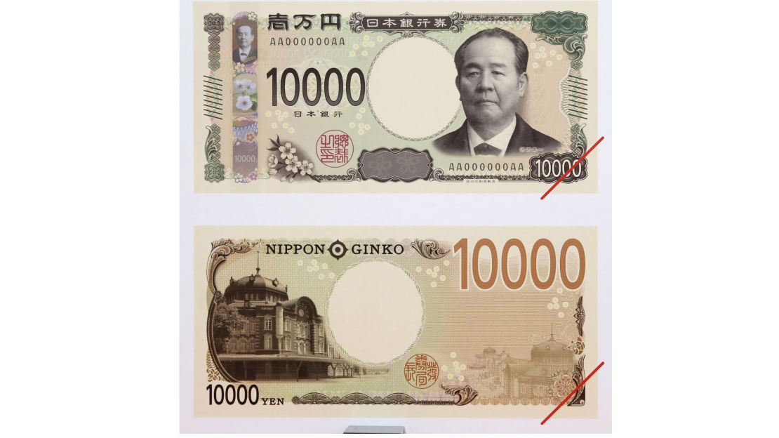 The new 10,000 yen bill featuring industrialist Eiichi Shibusawa and Tokyo Station.
