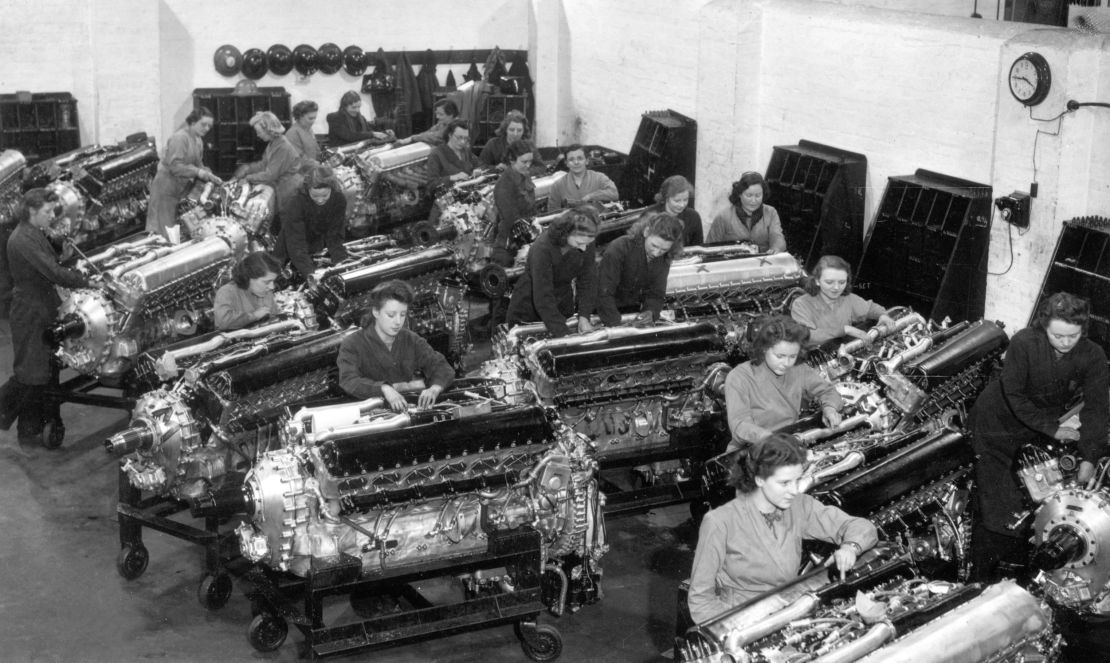 In 1942, these factory workers cleaned Merlin engines to be used in bombers and fighter aircraft.