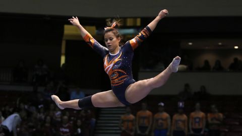 Auburn Tigers gymnast Samantha Cerio performs on the balance beam at the Elevate the Stage Meet between the Tigers and the Alabama Crimson Tide.