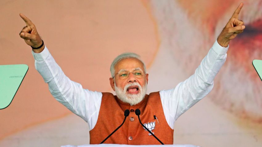 Indian Prime Minister Narendra Modi addresses an election campaign rally in Meerut, India, Thursday, March 28, 2019. India's general elections will be held in seven phases starting April 11. (AP Photo/Altaf Qadri)