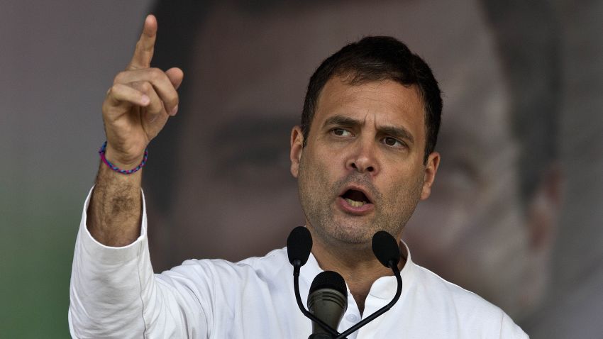 Congress party president Rahul Gandhi speaks at an election campaign rally in Bokakhat, Assam, India, Wednesday, April 3, 2019. (AP Photo/Anupam Nath)