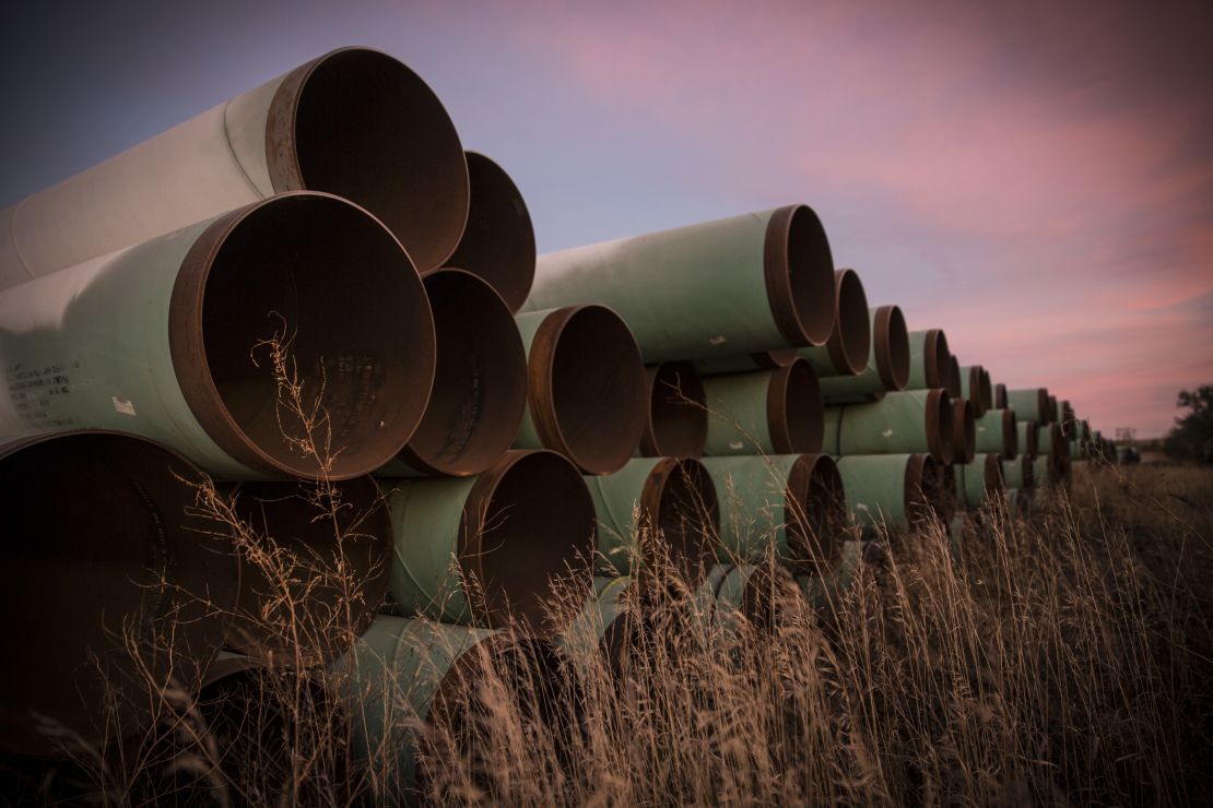 Miles of pipe for the proposed Keystone XL pipeline sit in a lot in October 2014.