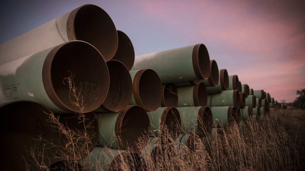 Miles of pipe for the proposed Keystone XL pipeline sit in a lot in October 2014.