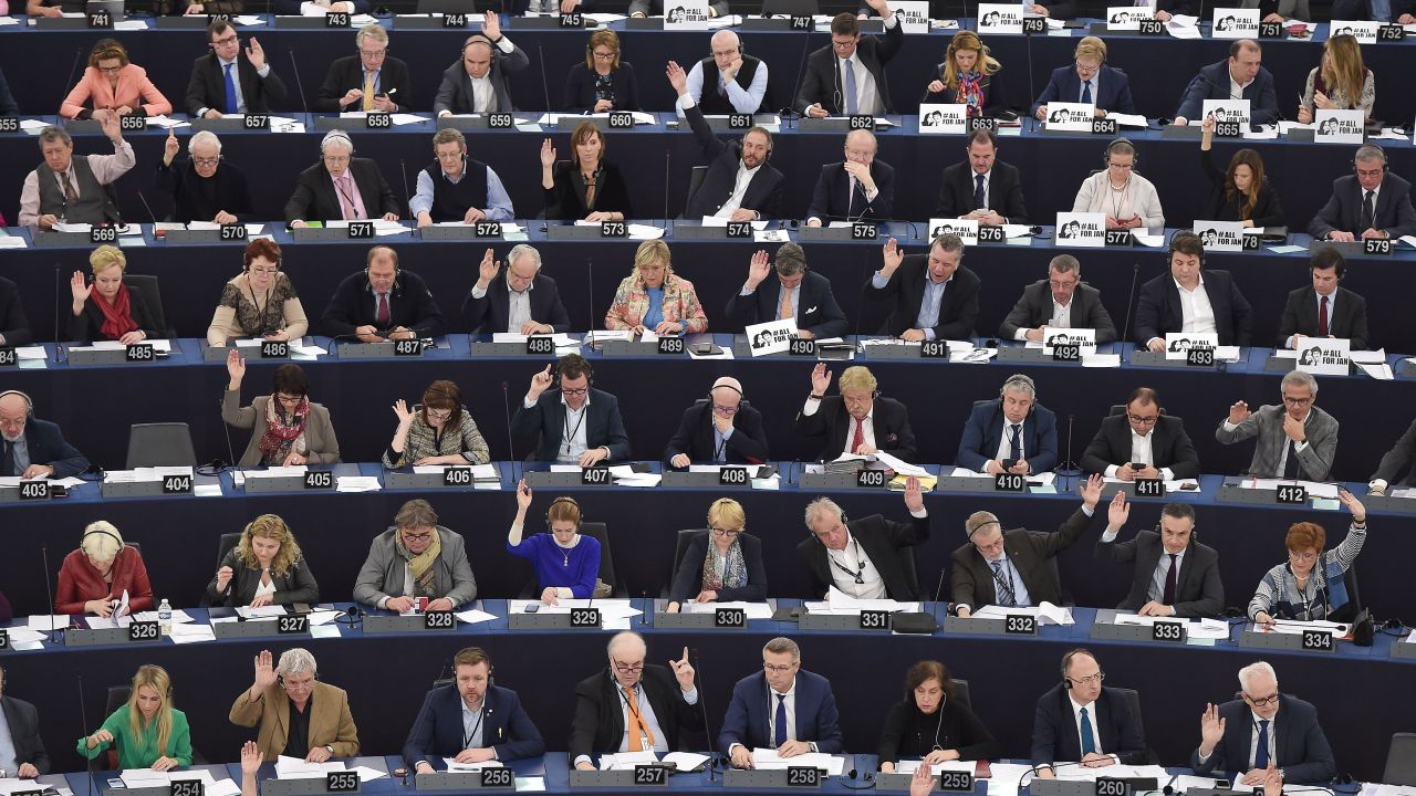Members of the European Parliament take part in a session in Strasbourg in 2018.
