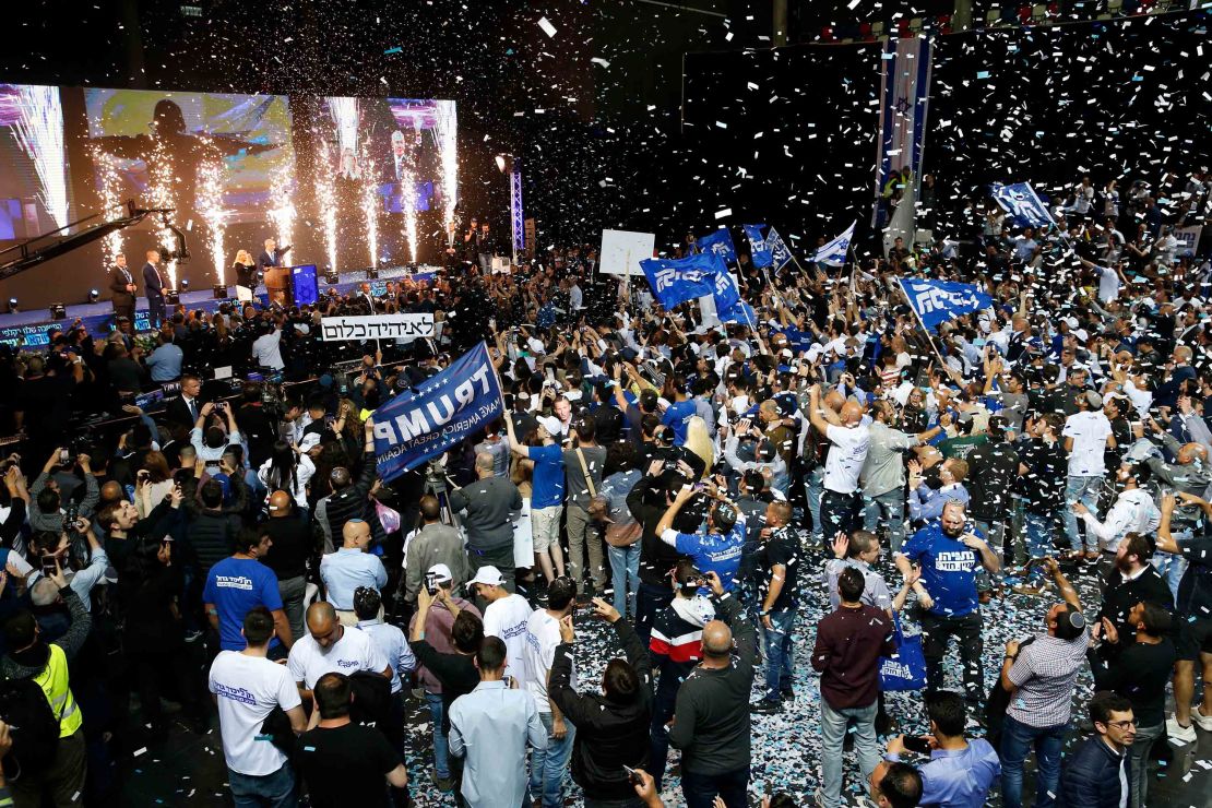 Likud supporters celebrate as Prime Minister Benjamin Netanyahu waves to them at its headquarters in Tel Aviv.