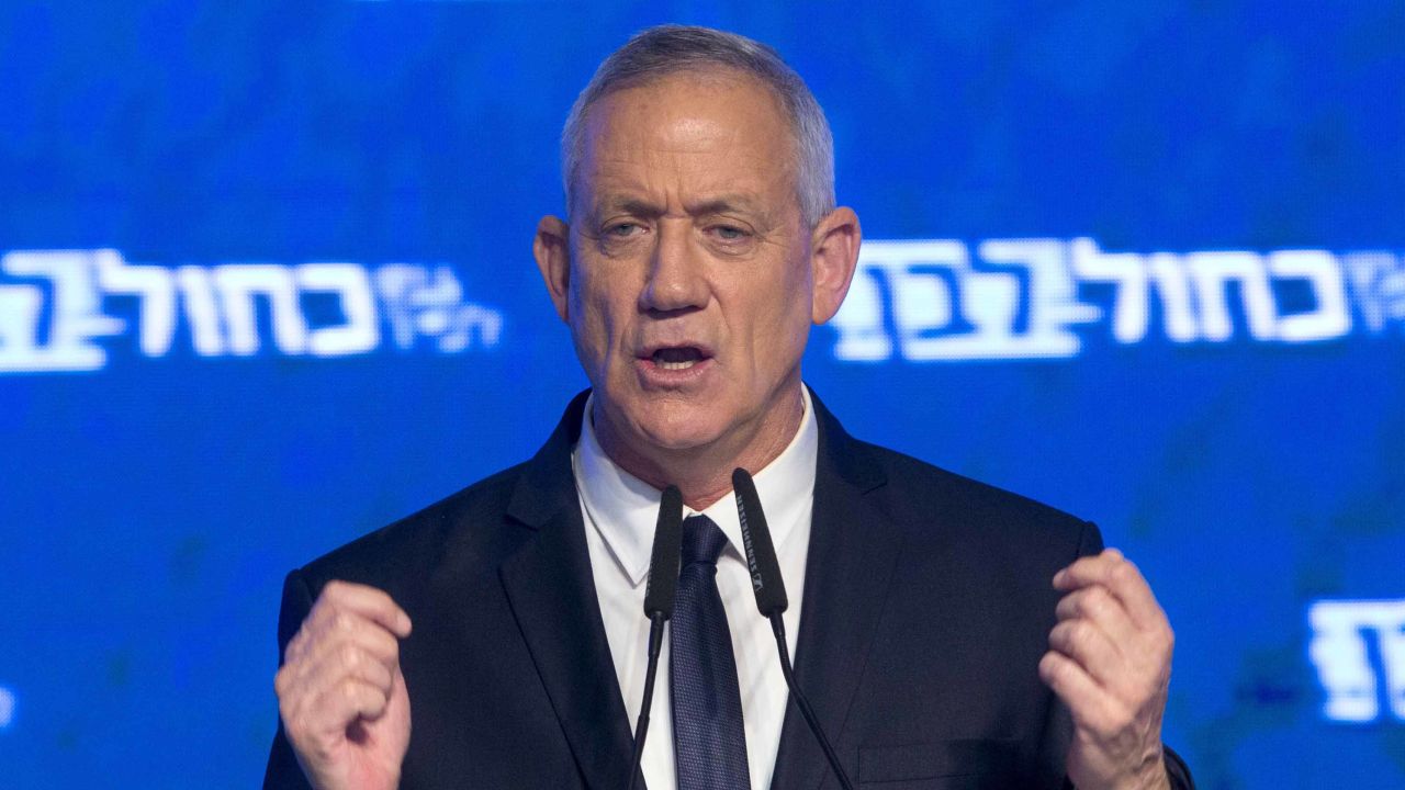 Blue and White party leader Benny Gantz addresses his supporters after Israeli general elections polls closed.