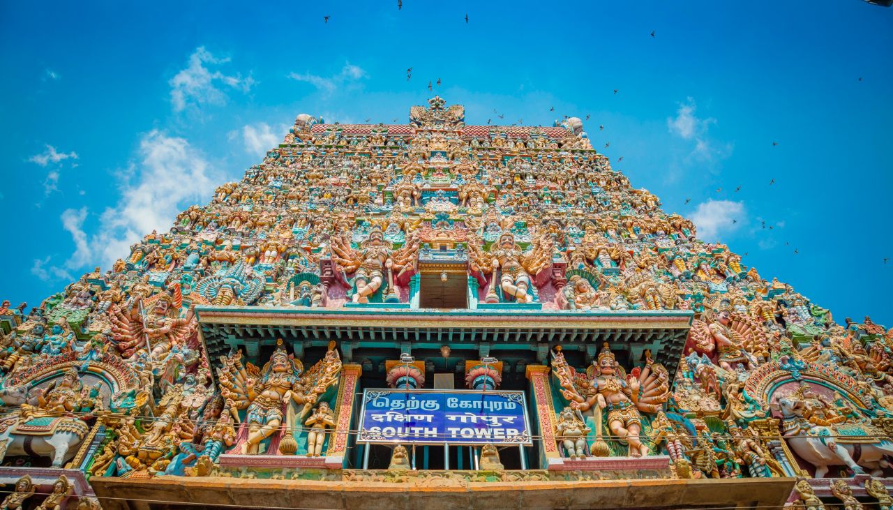 Tamil Nadu's Meenakshi Temple features a stunning entrance. 