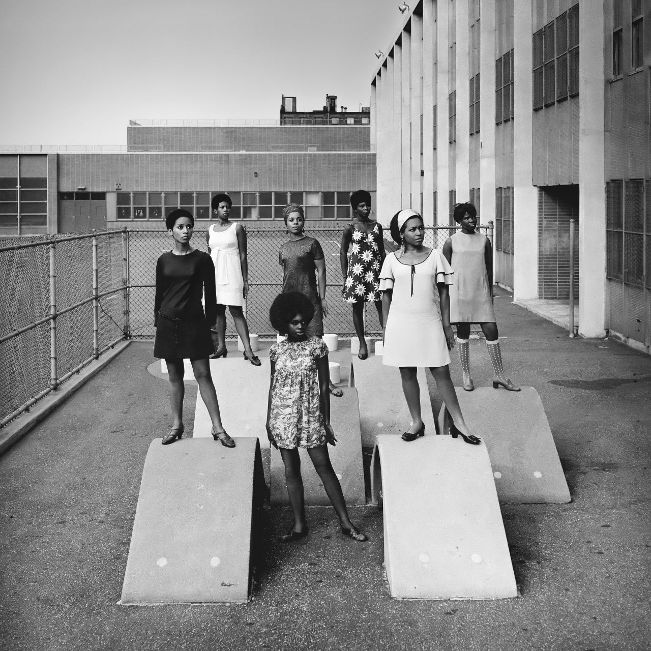 Photo shoot at a public school for one of the AJASS-associated modeling groups that emulated the Grandassa Models and began to embrace natural hairstyles. Harlem (c. 1966)