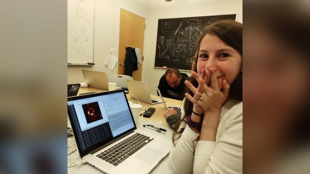 Katie Bouman with the fully-rendered black hole image. 