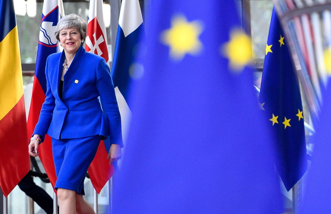 Britain's Prime Minister Theresa May arriving ahead of a European Council meeting on Brexit at The European Parliament in Brussels.