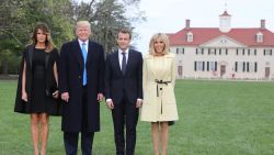 (L-R) US first lady Melania Trump, husband US President Donald Trump, French President Emmanuel Macron and his wife first lady Brigitte Macron arrive at Mount Vernon, the estate of the first US President George Washington, in Mount Vernon, Virginia, April 23, 2018. (Photo by Ludovic MARIN / AFP)        (Photo credit should read LUDOVIC MARIN/AFP/Getty Images)