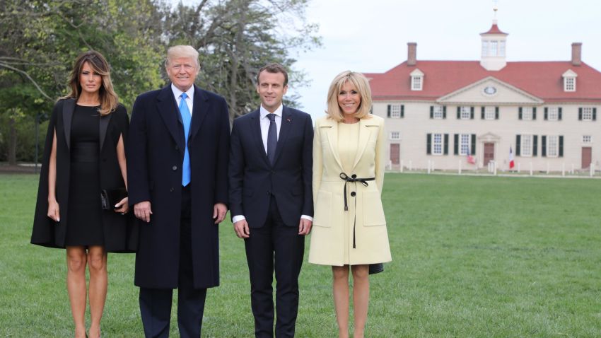 (L-R) US first lady Melania Trump, husband US President Donald Trump, French President Emmanuel Macron and his wife first lady Brigitte Macron arrive at Mount Vernon, the estate of the first US President George Washington, in Mount Vernon, Virginia, April 23, 2018. (Photo by Ludovic MARIN / AFP)        (Photo credit should read LUDOVIC MARIN/AFP/Getty Images)