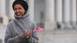 WASHINGTON, DC - MARCH 08: Rep. Ilhan Omar (D-MN) rallies with fellow Democrats before voting on H.R. 1, or the People Act, on the East Steps of the U.S. Capitol March 08, 2019 in Washington, DC. With almost zero chance of passing the Senate, H.R. 1 is a package of legislation aimed at bolstering voting rights, reducing corruption in Washington and overhauling the campaign finance system in an effort to reduce the influence of 'special interests.' (Photo by Chip Somodevilla/Getty Images)