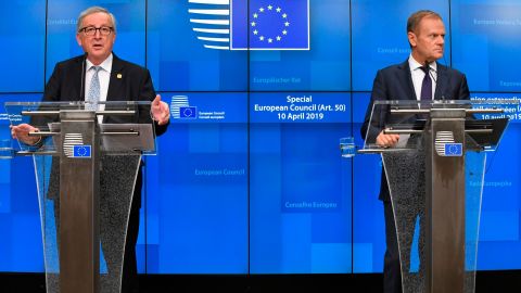 European Council President Donald Tusk, right, and European Commission President Jean-Claude Juncker, left, address reporters after teh summit.