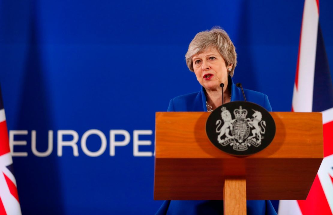 British Prime Minister Theresa May speaks during a media conference at the end of an EU summit in Brussels.