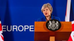 British Prime Minister Theresa May speaks during a media conference at the conclusion of an EU summit in Brussels, Thursday, April 11, 2019. European Union leaders on Thursday offered Britain an extension to Brexit that would allow the country to delay its EU departure date until Oct. 31. (AP Photo/Alastair Grant)