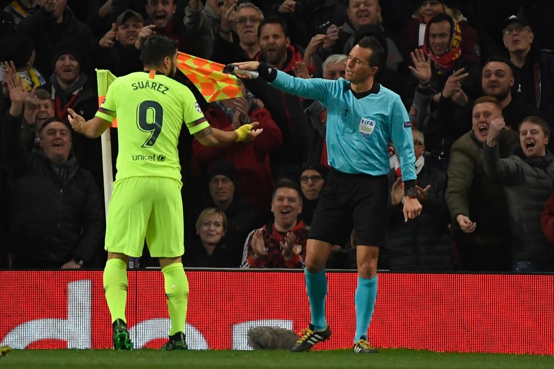 Luis Suarez contests an offside decision that was eventually overturned as Barcelona took the lead against Manchester United.