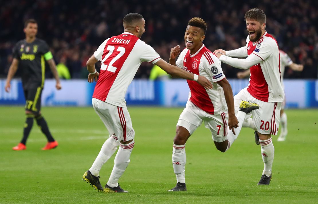 David Neres celebrates after leveling for Ajax against Juventus.