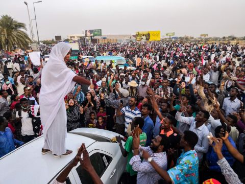 Salah, the woman <a href="https://www.cnn.com/2019/04/10/middleeast/sudan-woman-iconic-photo-revolution-intl/index.html" target="_blank">propelled to internet fame</a> after clips of her leading protest chants went viral, addresses protesters on April 10.