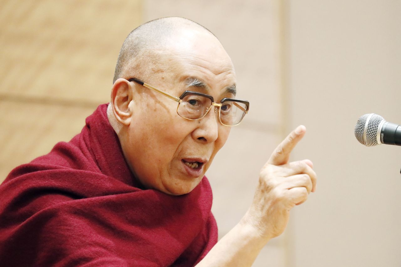 The Dalai Lama delivers a speech at the parliament building in Tokyo in November 2018.