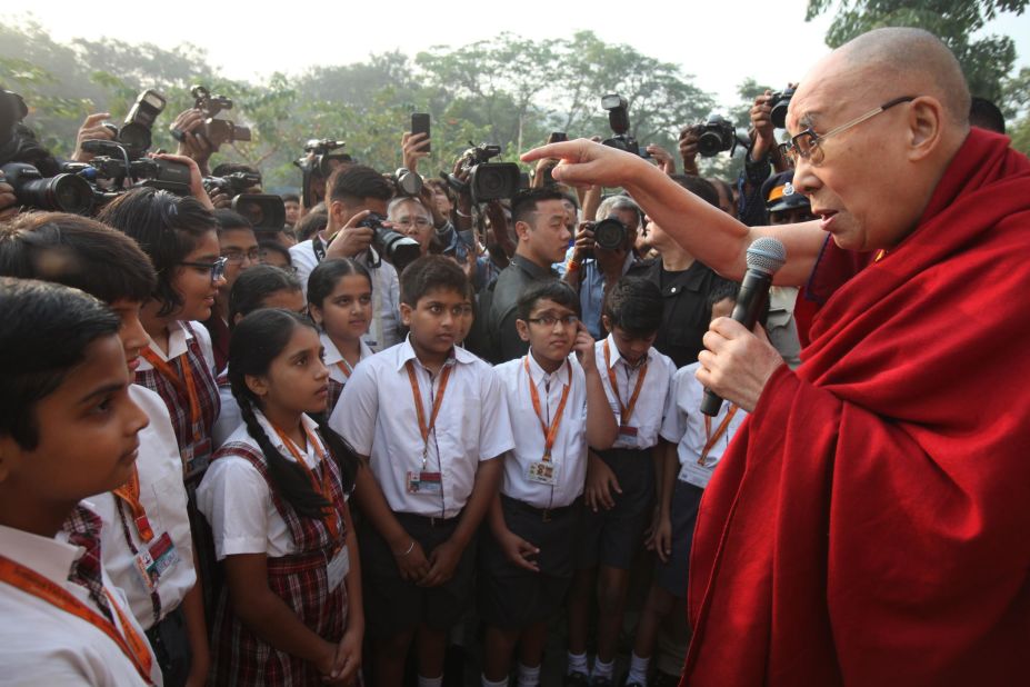 The Dalai Lama speaks to students in Mumbai, India, in December 2017.
