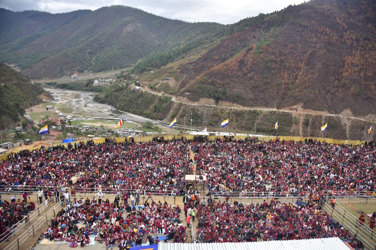 Buddhist followers gather to hear the Dalai Lama in Dirang, India, in April 2017.