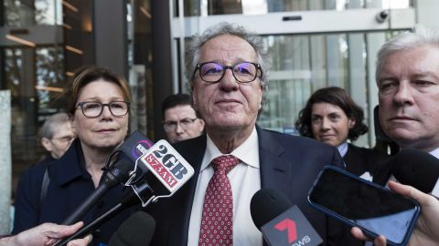 Geoffrey Rush speaks to the media outside the Supreme Court of New South Wales after being awarded AUD$850,000 damages on April 11, 2019 in Sydney, Australia. 
