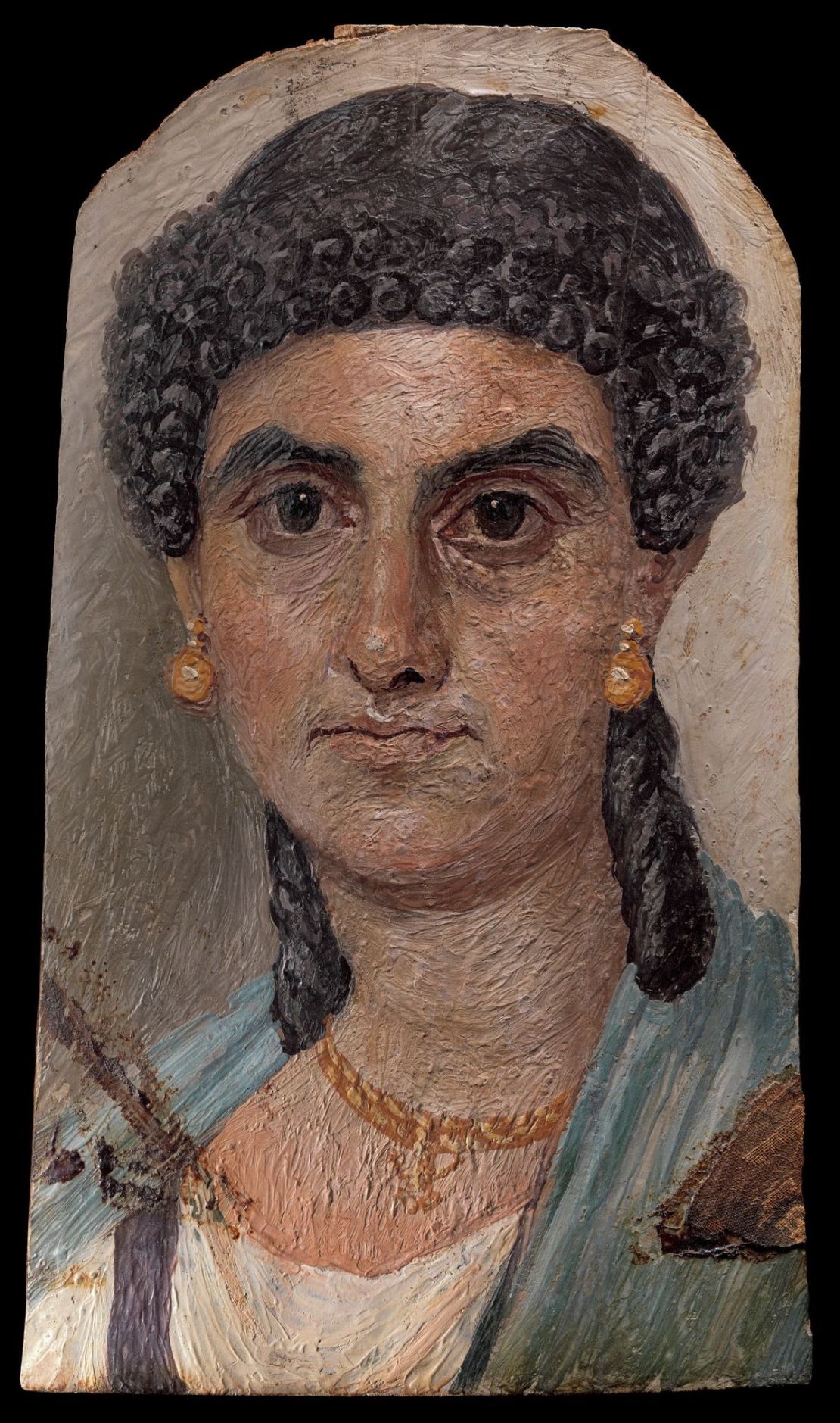 Panel painting of a woman in a blue mantle, 54--68. C.E.