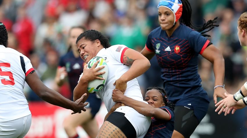 BELFAST, NORTHERN IRELAND - AUGUST 26:  Tiffany Faaee of The USA is tackled by Julie Annery of France during the Women's Rugby World Cup 2017 Third Place Match between France and The USA on August 26, 2017 in Belfast, United Kingdom.  (Photo by David Rogers/Getty Images)