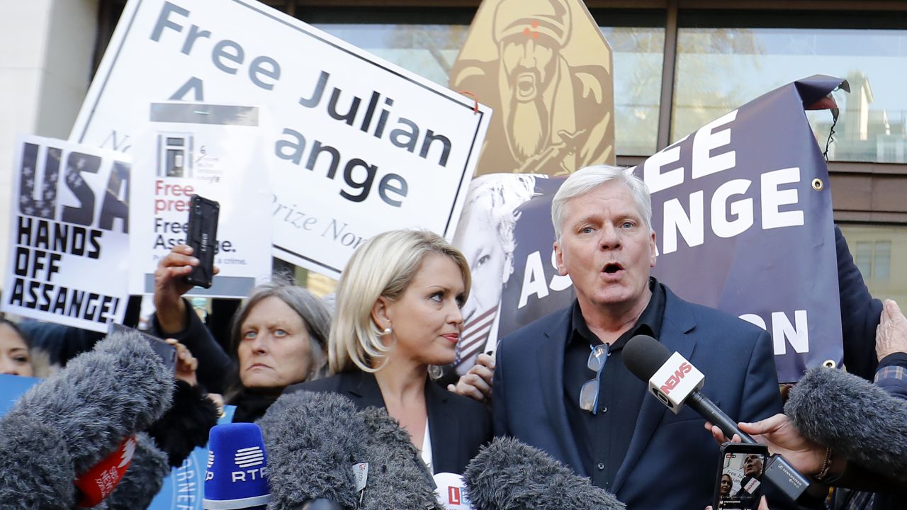 WikiLeaks' editor-in-chief Kristinn Hrafnsson, right, and barrister Jennifer Robinso, centeer, address the media outside Westminster Magistrates' Court in London.