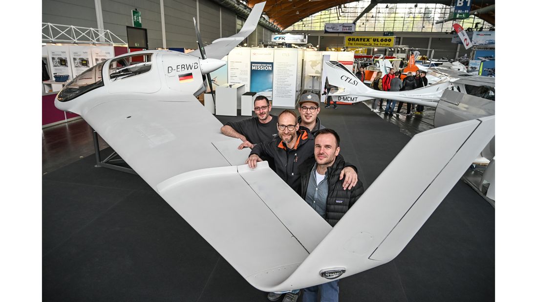<strong>The team: </strong>The Horten Aircraft team, including Silvio Hungsberg, Gunnar Maas, Bernhard Mattlener and Filip Piskorzynski present the flying wing at Aero Friedrichshafen. 