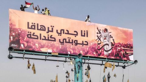 A billboard in Khartoum bears an image of Alaa Salah, a Sudanese woman who became the face of anti-government demonstrations.