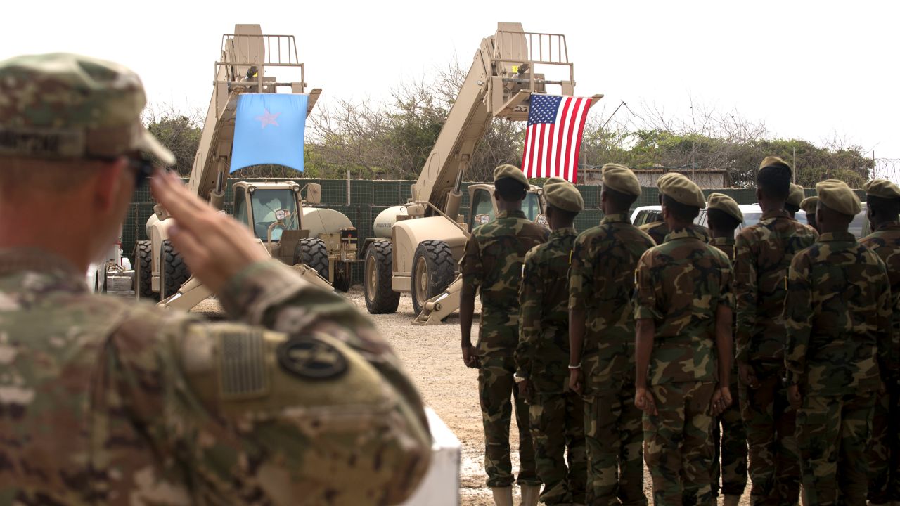 Somali national army soldiers stand in formation during a logistics course graduation ceremony.   Soldiers from Somali's advanced infantry DANAB battalion spent 14 weeks training with the U.S. 10th Mountain division on the importance of logistical operation as well as the operation and maintenance of heavy equipment.  (Photo by MC2 (SW/AW) Evan Parker. Released)