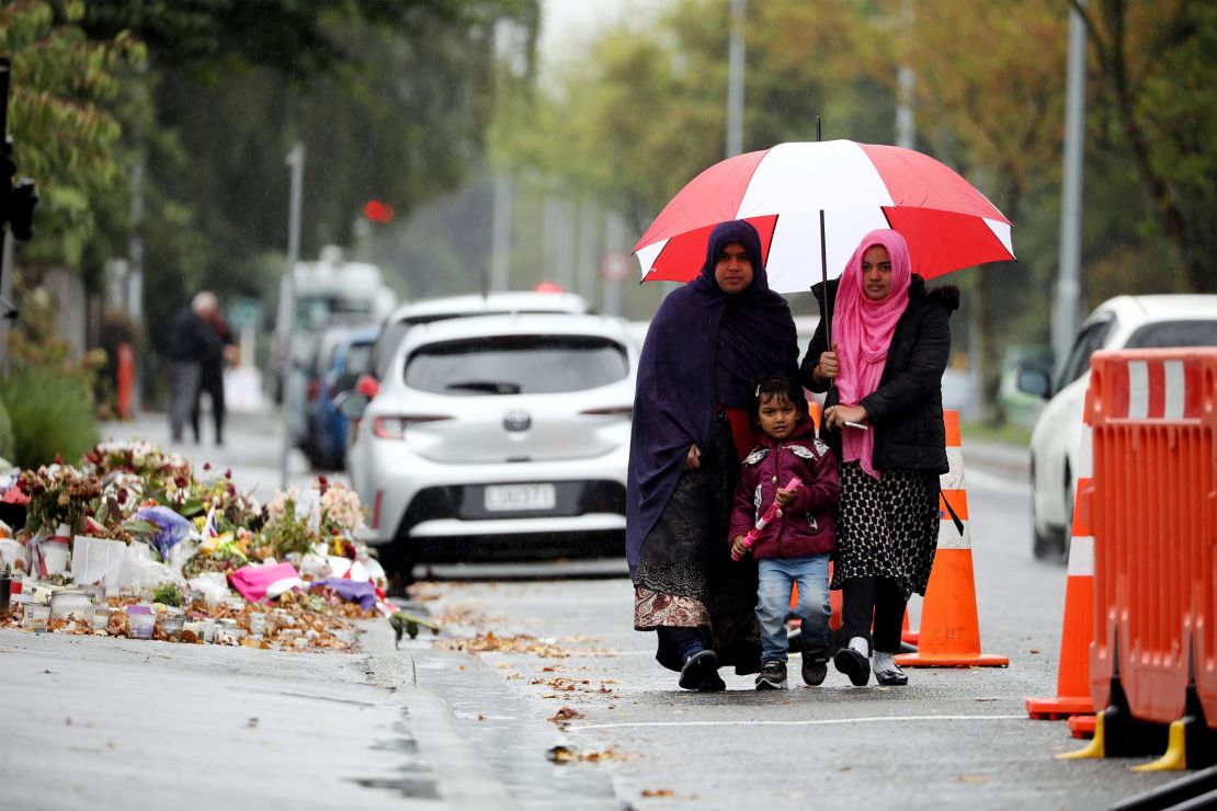 Members of the Muslim community arrive for Friday prayers at Al Noor mosque on April 5, 2019 in Christchurch, New Zealand. 