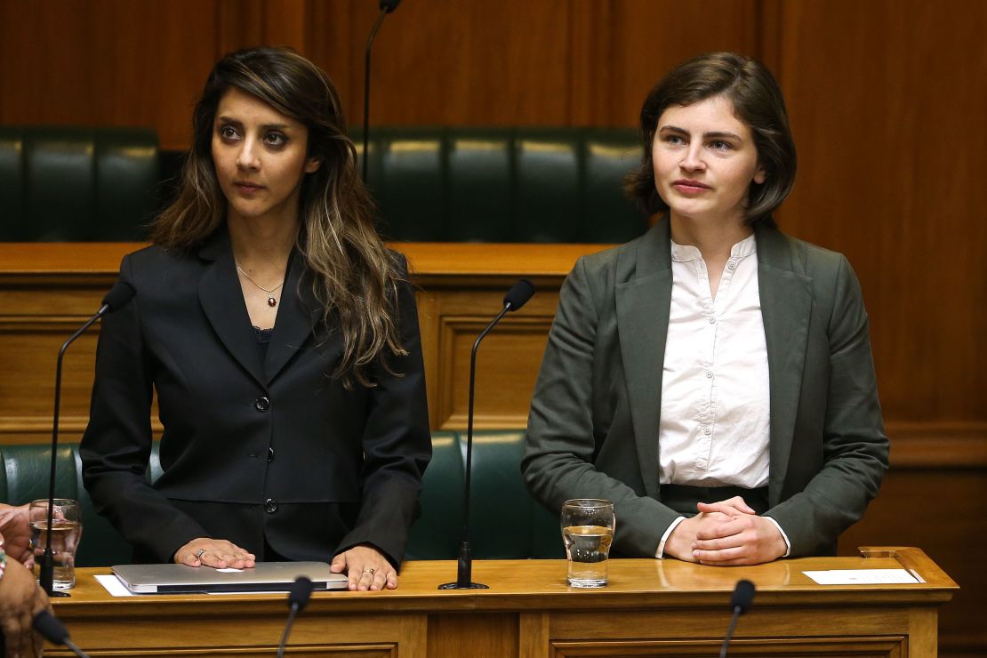 Green MPs (members of Parliament) Golriz Ghahraman and Chloe Swarbrick in Parliament in Wellington, New Zealand on November 8, 2017.