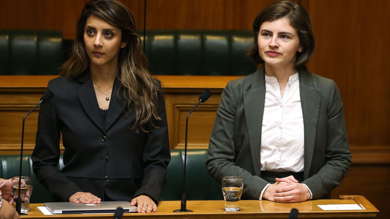 Green MPs (members of Parliament) Golriz Ghahraman and Chloe Swarbrick in Parliament in Wellington, New Zealand on November 8, 2017.
