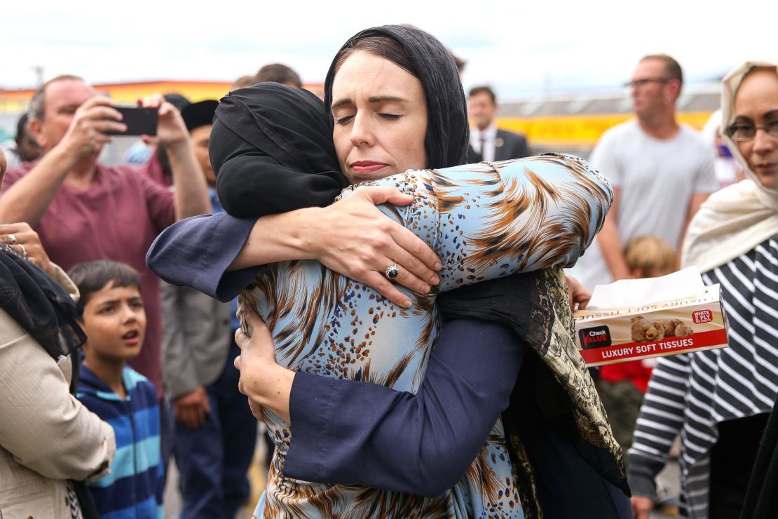 Prime Minister Jacinda Ardern hugs a mosque-goer on March 17, 2019 in Wellington, New Zealand.