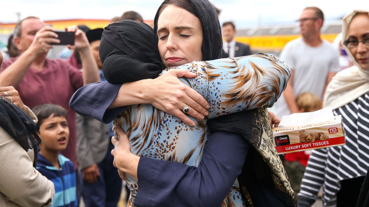Prime Minister Jacinda Ardern hugs a mosque-goer at the Kilbirnie Mosque on March 17, 2019 in Wellington, New Zealand.