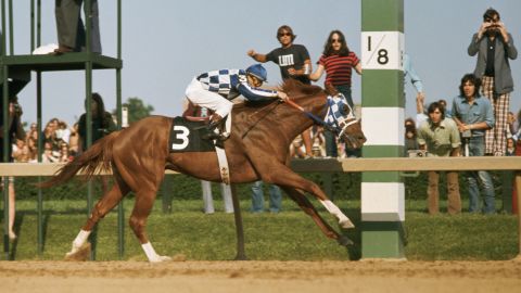 Secretariat crosses the finish line to win the Preakness Stakes, the second leg of the Triple Crown, in 1973.