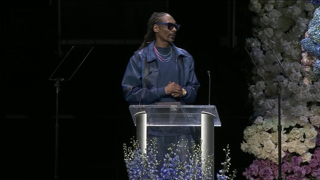 Snoop Dogg speaks at the memorial for  Nipsey Hussle. 