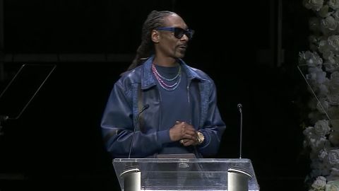 Snoop Dogg speaks at the memorial for Nipsey Hussle.